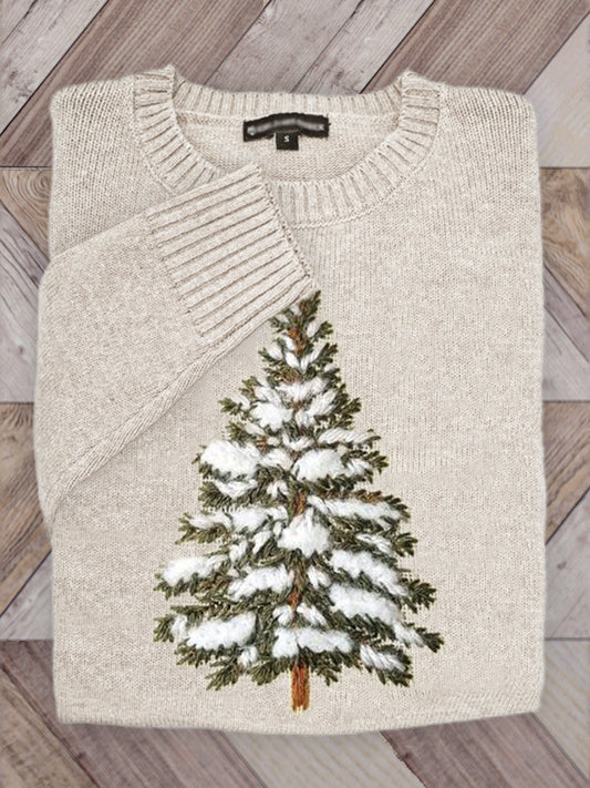 Comstylish Snow On Christmas Tree Embroidered Cozy Knit Sweater