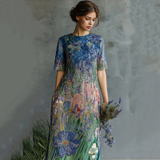 Women's Oil Painting Floral Sequined Maxi Dress elevenforest