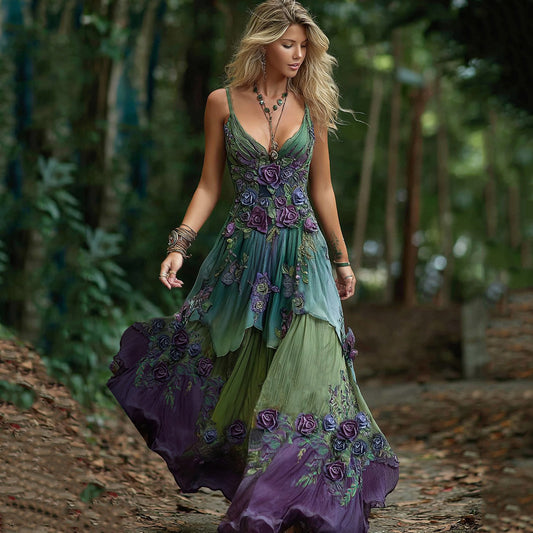 Women's Vintage Floral Embroidery Gradient Maxi Dress elevenforest