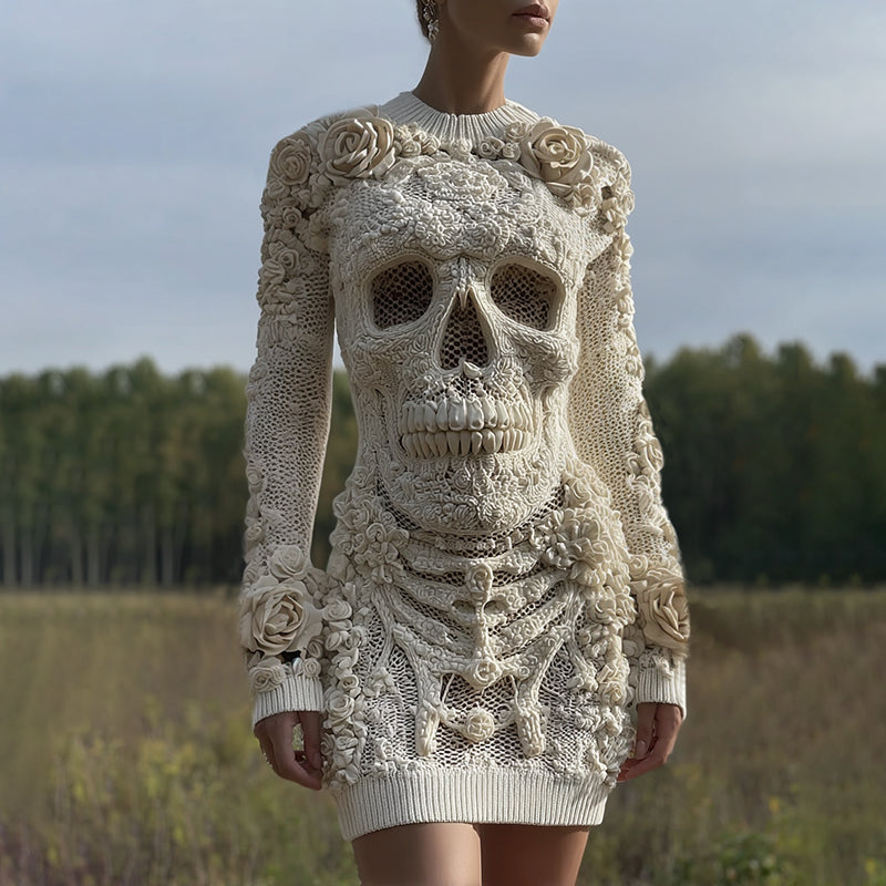 Women's Vintage Halloween Skull With Rose Art Cozy Knit Mini Sweater Dress elevenforest