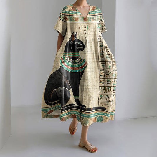 Comstylish Women's Egyptian Buster Cat Art Print V-neck Dress