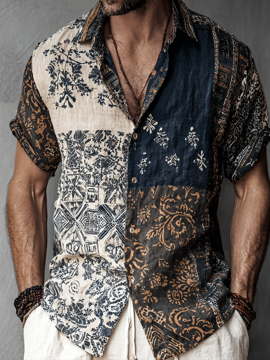 Men's Bohemian Plant Flower Pattern Retro Cotton And Linen Shirt elevenforest