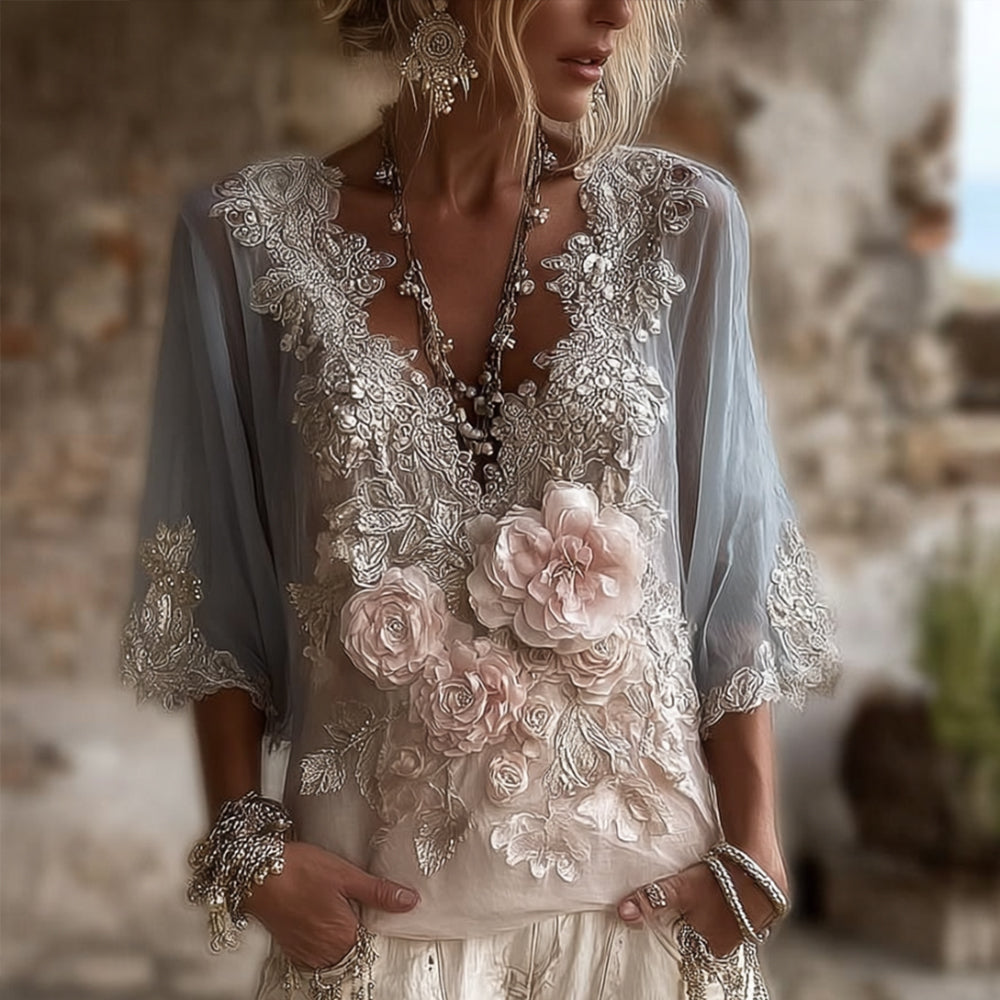 Women's Tie-dye Blue And Pink Flower Short-sleeved Shirt elevenforest