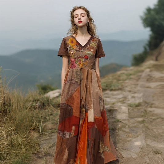 Floral & Mushroom Embroidered Patchwork Linen Maxi Dress elevenforest