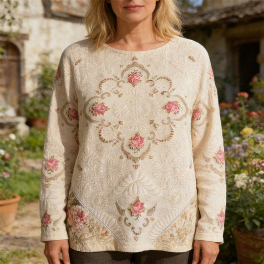 Vintage Floral Art Pattern Women's Linen Long Sleeve Shirt elevenforest