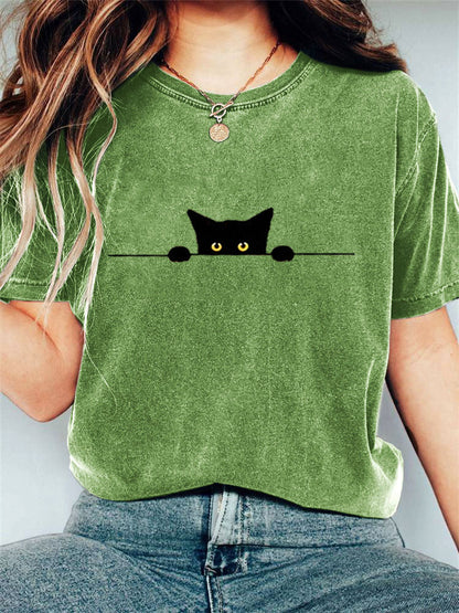 Women's Casual Funny Black Cat Print T-shirt elevenforest