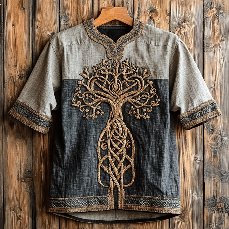 Men's Vintage Viking Tree Of Life Celtic Linen Shirt elevenforest