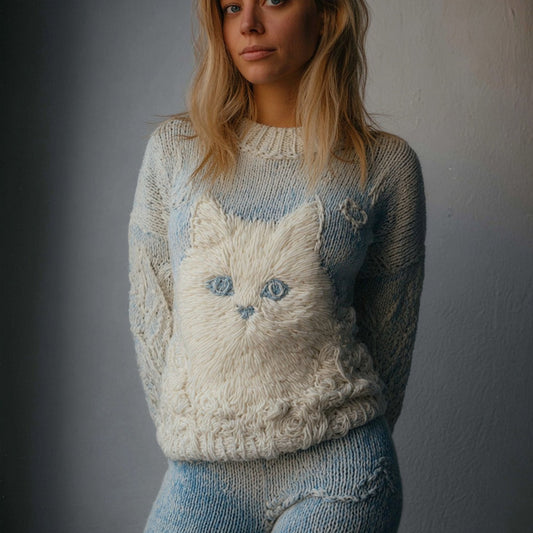 Cute Cat Face Embroidered Dyed Cozy Knit Sweater elevenforest