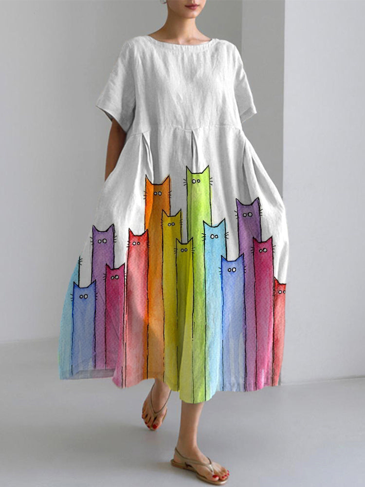 Cute Cats Watercolor Art Print Cotton Linen Dress elevenforest