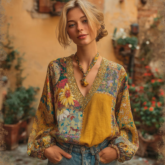 Women's Bohemian Patchwork Art Floral V-neck Linen Long Sleeve Top elevenforest