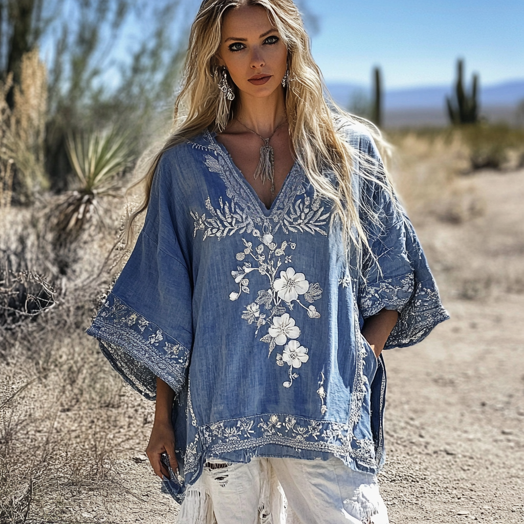 Vintage Bohemian Floral Embroidered Denim Shirt elevenforest
