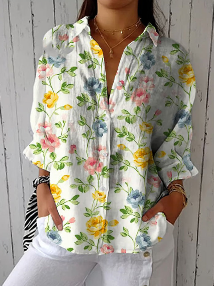 Women's Casual Cotton And Linen Vintage Floral Shirt elevenforest