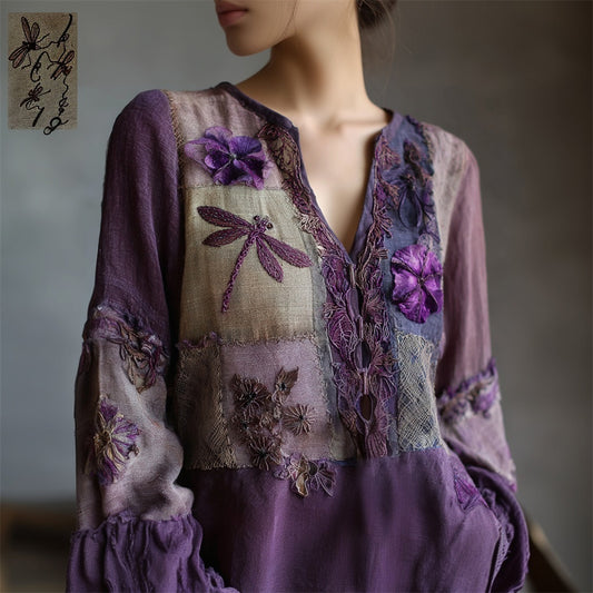 Boho Dragonfly Floral Patchwork Embroidery Women's V-neck Linen Long Sleeve Shirt elevenforest
