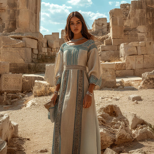 Retro Elegant Greek Key Crew Neck Linen Blend Maxi Dress elevenforest