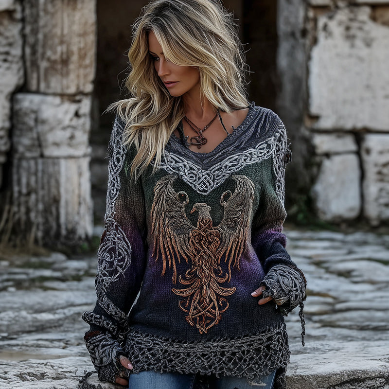 Women's Mythical Phoenix Embroidered Celtic Knot Comfortable V-neck Sweater elevenforest