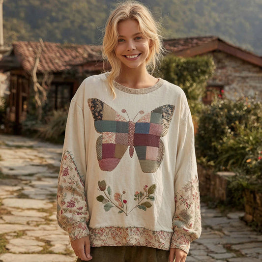 Women's Retro Bohemian Style Round Neck Comfortable Linen Top With Butterfly And Floral Pattern elevenforest