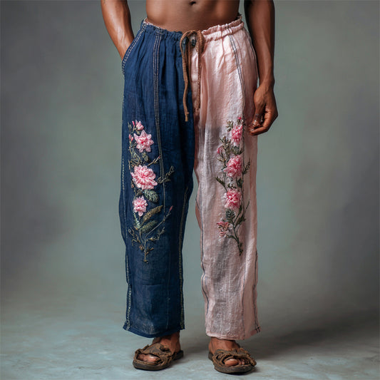 Vintage Boho Floral Art Color Clash Men's Linen Pants elevenforest