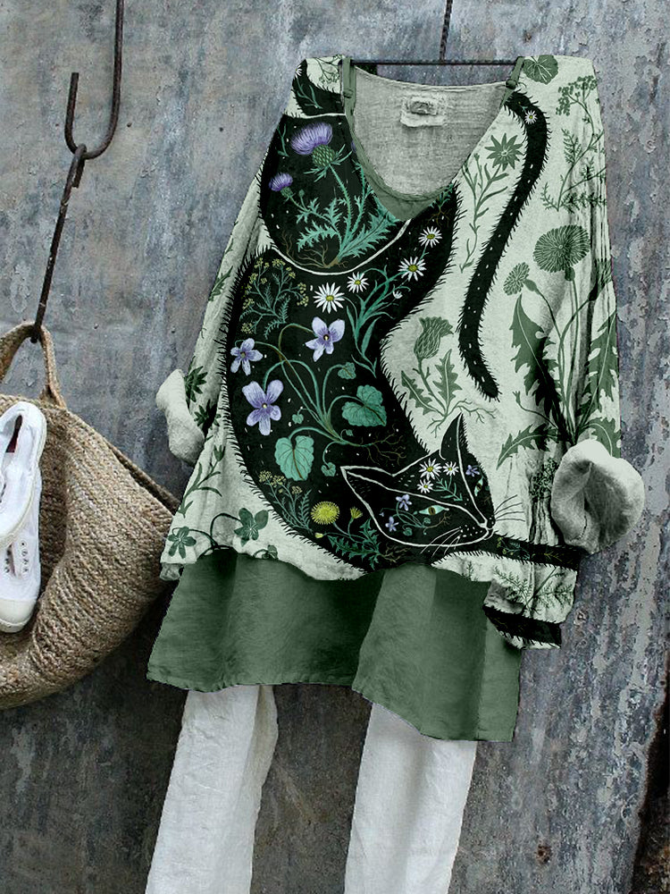 Comstylish Cute Cat & Wildflower Art Pattern Cozy Linen Tunic