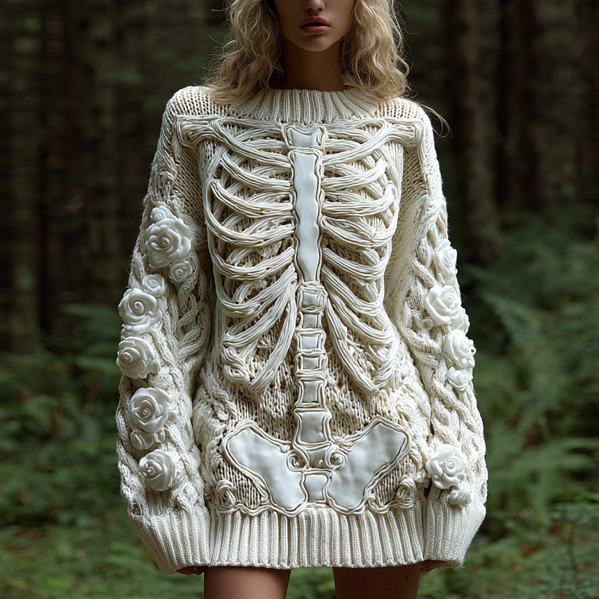 Women's Vintage Halloween Skeleton Bones With White Rose Art Cozy Knit Mini Sweater Dress elevenforest