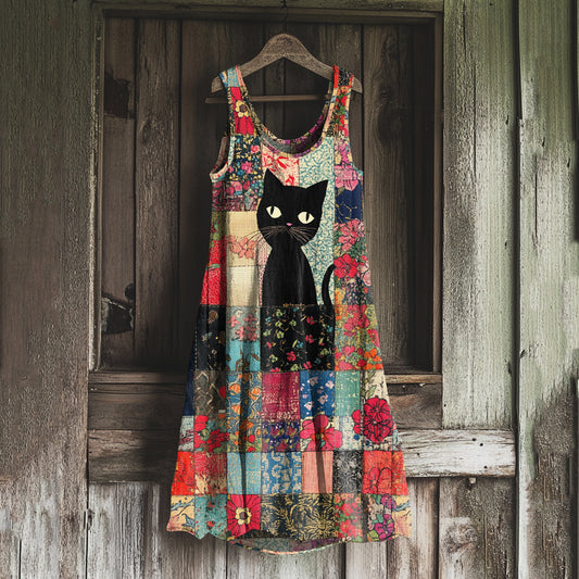Vintage Cat Floral Patchwork Art Linen Blend Tank Dress elevenforest