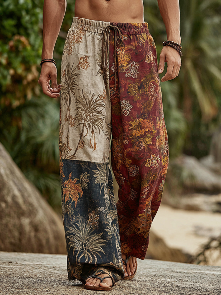 Western Bohemian Style Plant And Flower Pattern Retro Cotton And Linen Loose Wide-leg Pants elevenforest