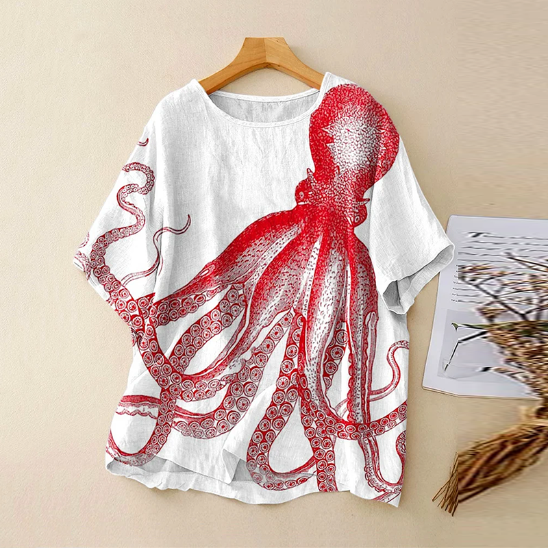 Vintage Bohemian Abstract Octopus Linen Art Print Short Sleeve Round Neck Shirt elevenforest