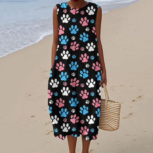 Comstylish Dog Paw Prints Trans Pride Linen Tank Midi Dress