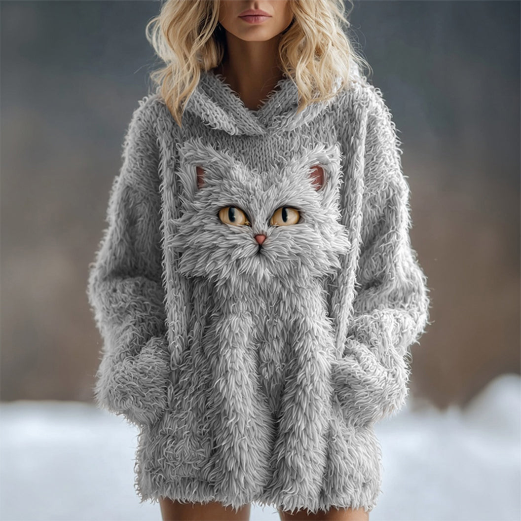 Cute Fuzzy Cat Embroidered Soft Hooded Sweater elevenforest