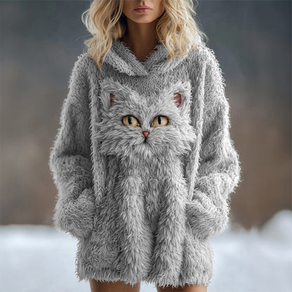 Cute Fuzzy Cat Embroidered Soft Hooded Sweater elevenforest