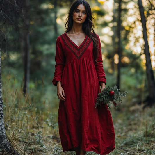 Retro Greek Key V-neck Cotton Linen Dress elevenforest
