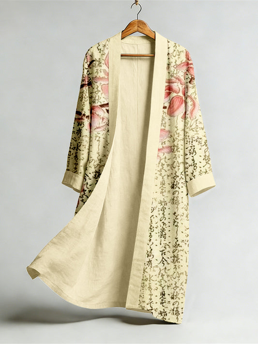 Comstylish Vintage Floral Calligraphy Art Flowy Linen Long Kimono