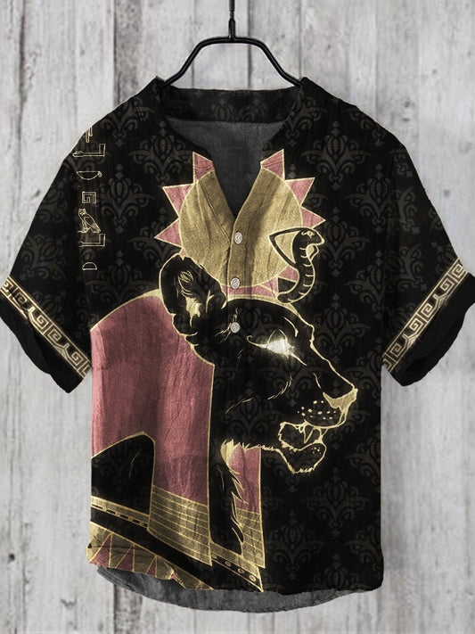 Vintage Egyptian Lion Print Men's Casual V-neck Shirt elevenforest