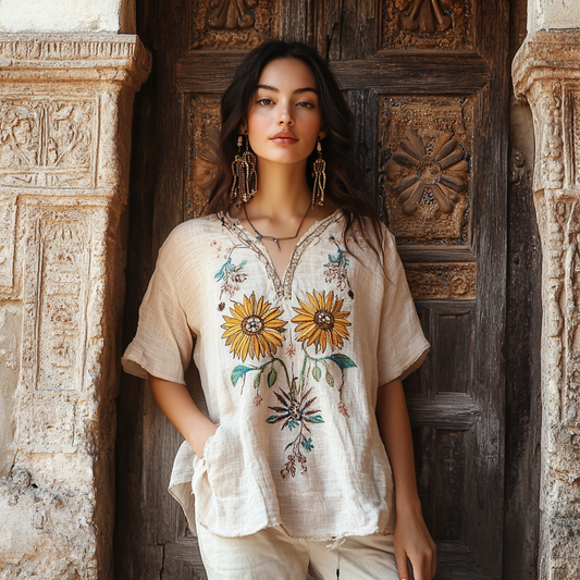 Women's Floral Embroidery Casual Cotton And Linen T-shirt elevenforest