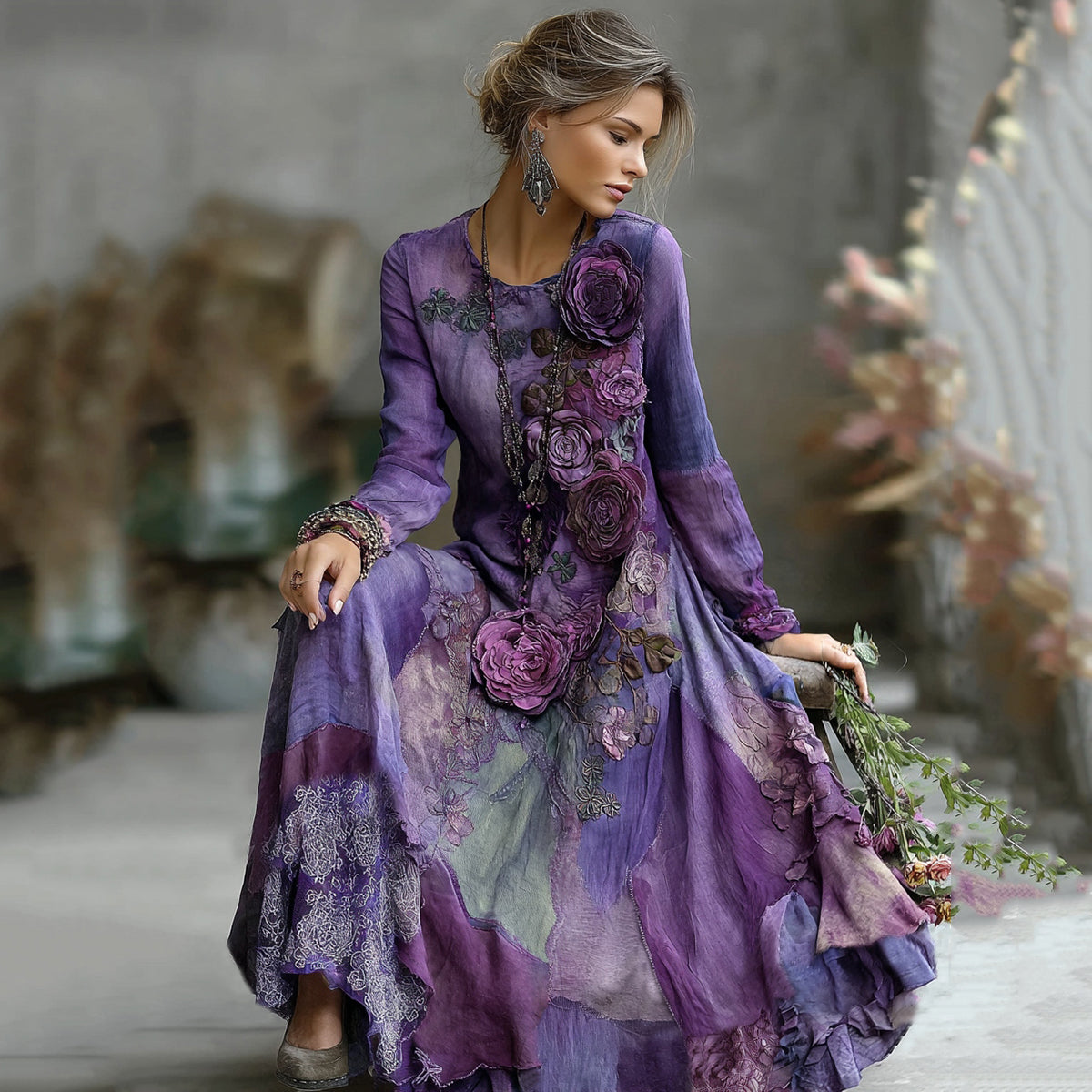 Vintage Bohemian Embroidered Floral Patchwork Linen Maxi Dress elevenforest