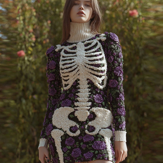 Comstylish Women's Vintage Halloween Skeleton Bones With Rose Art Cozy Knit Mini Sweater Dress