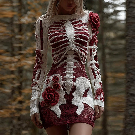Comstylish Classy Bloody Roses Skeleton Art Bandages Knit Sweater Dress