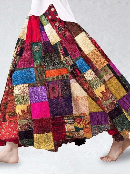Vintage Boho Patchwork Linen Flowy Skirt elevenforest