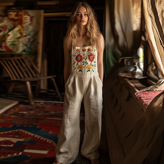 Vintage Floral Embroidered Pattern Art Linen Blend Loose Casual Jumpsuit elevenforest