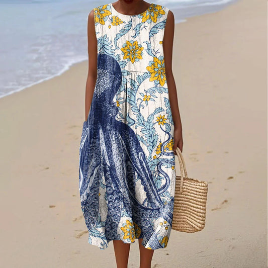 Women's Vintage Octopus And Floral Print Cotton Casual Dress elevenforest