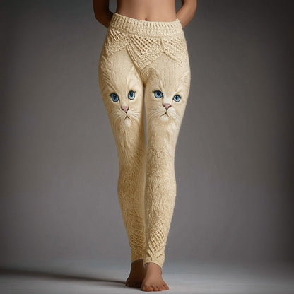 Cute Cat Face Embroidered Cozy Knit Leggings elevenforest