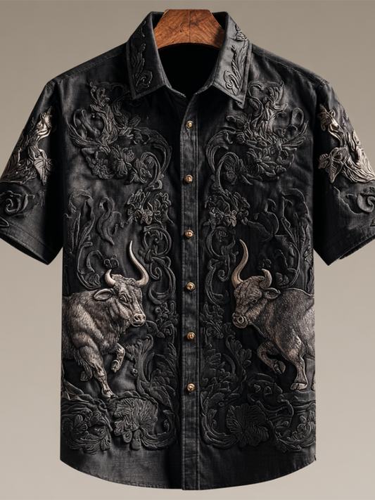 Western Cowboy Style Animal Elements Retro Cotton And Linen Men's Shirt elevenforest