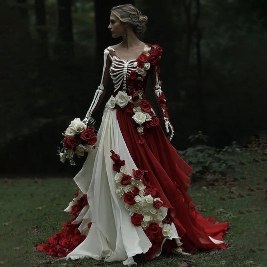 Comstylish Vintage Halloween Skeleton Red Roses Art Crew Neck Maxi Dress