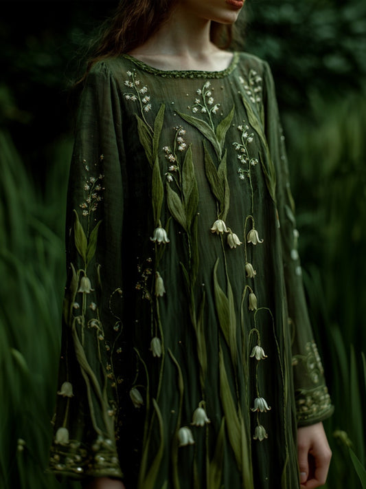 Elegant Lily Of The Valley Embroidered Linen Maxi Dress elevenforest