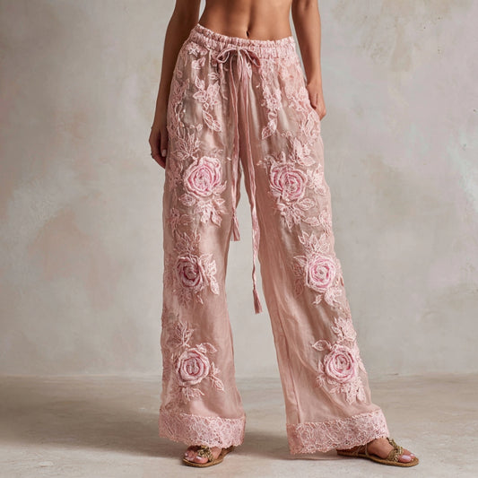 Women's Vintage Rose Floral Art Casual Wide Leg Pants elevenforest