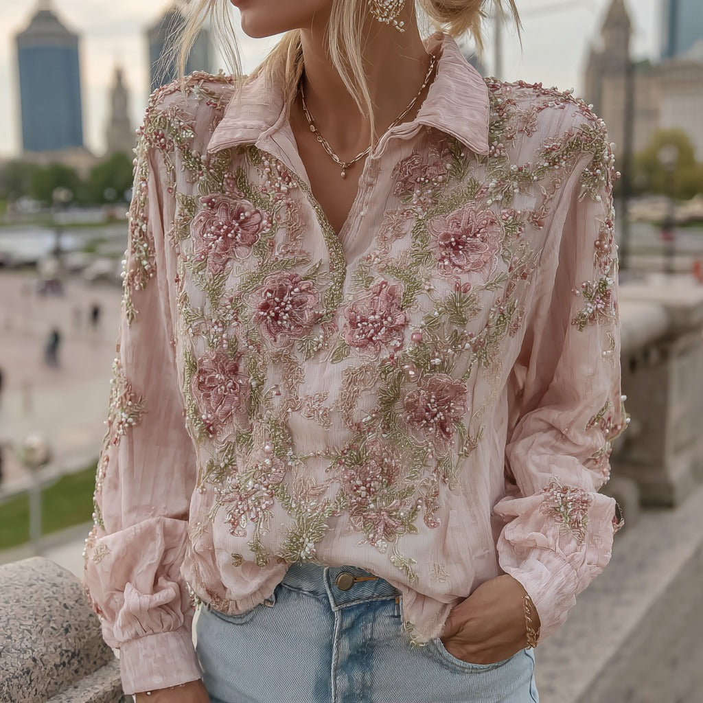 Women's Retro Pink Rose Pattern Casual Lapel Shirt elevenforest