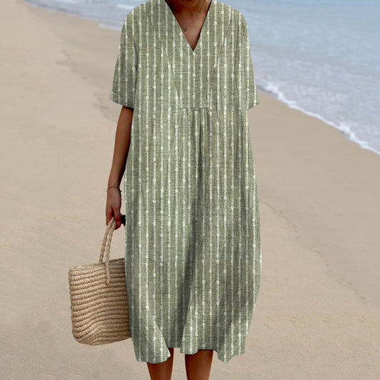 Women Vintage Stripes Casual V Neck Midi Dress elevenforest