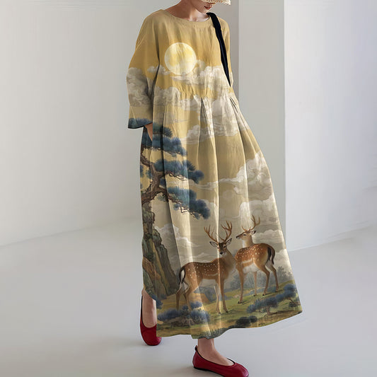 Vintage Japanese Art Flowy Linen Maxi Dress elevenforest