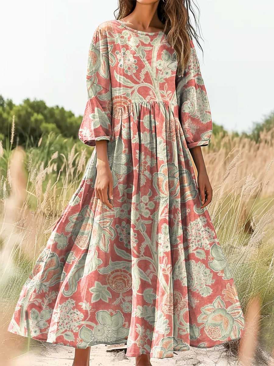 Women's Vintage Folk Floral Art Print Flowy Cotton Crew Neck Dress