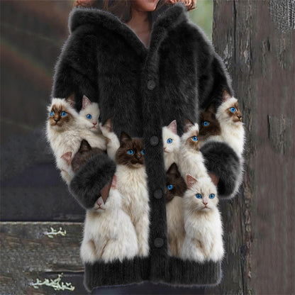 Classy Fuzzy Cats Art Cozy Knit Hooded Cardigan elevenforest