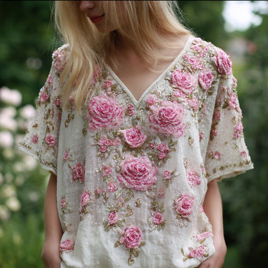 Bohemian-style Sleeping Beauty Embroidered Pink Rose With Green Leaves And Branches, Sequined V-neck Short-sleeved Top elevenforest
